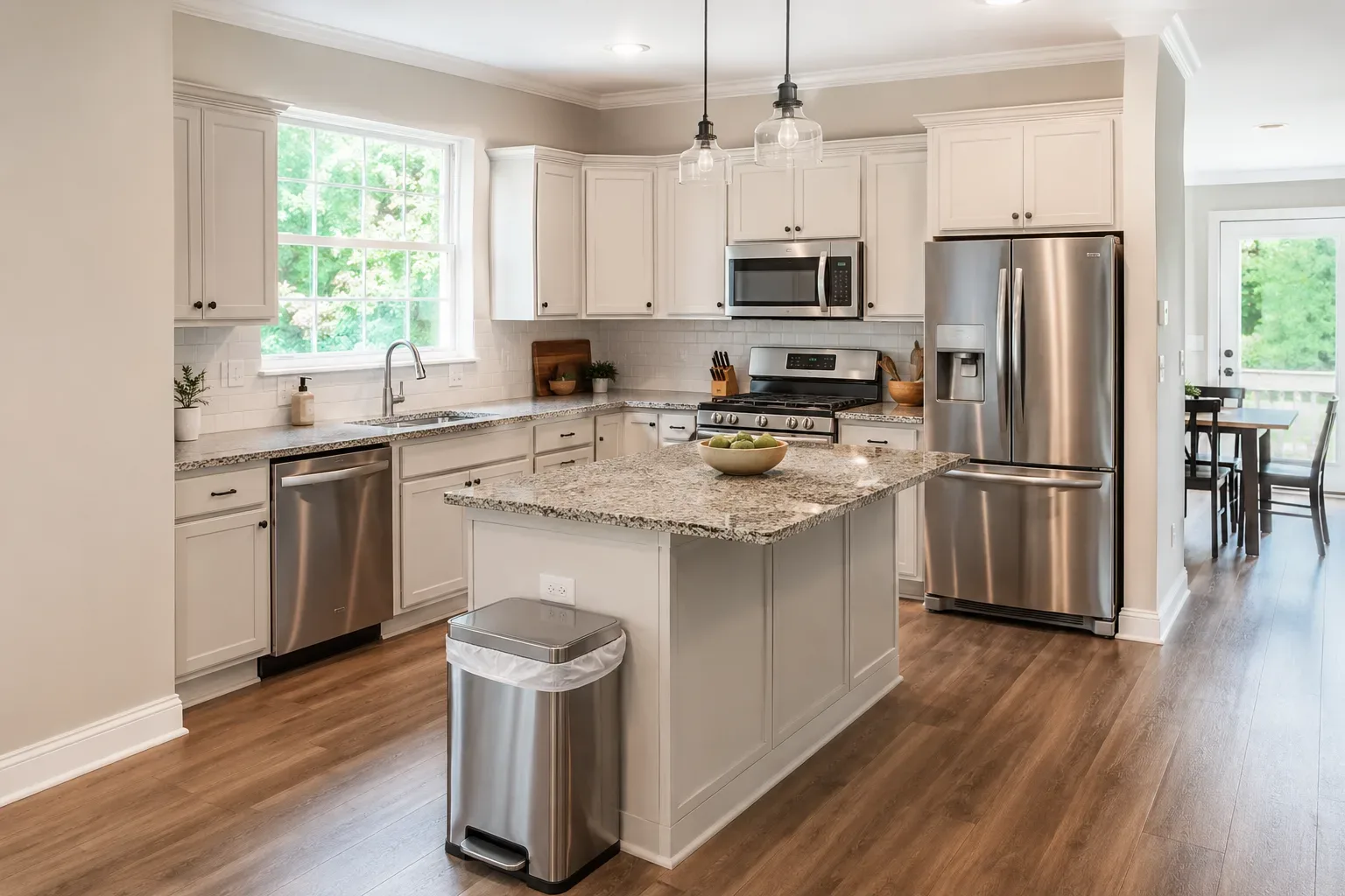 Clean break room with wiped counters, polished sink and mopped floors